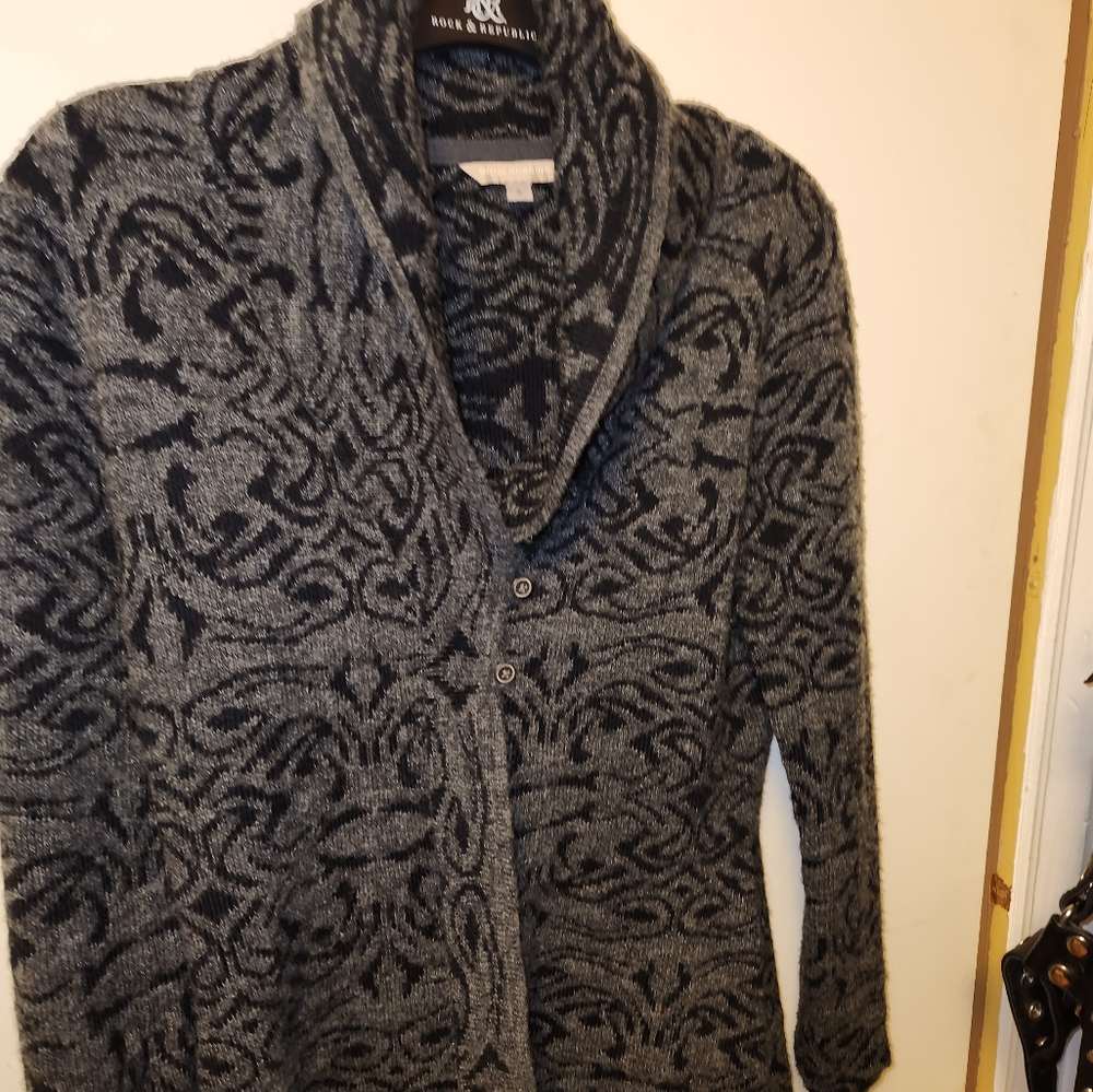 Gray And Black Patterned Flowy Button Up Sweater … - image 2
